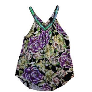 Free People XS Floral Sequin  Top Black Purple Green Lightweight Womens